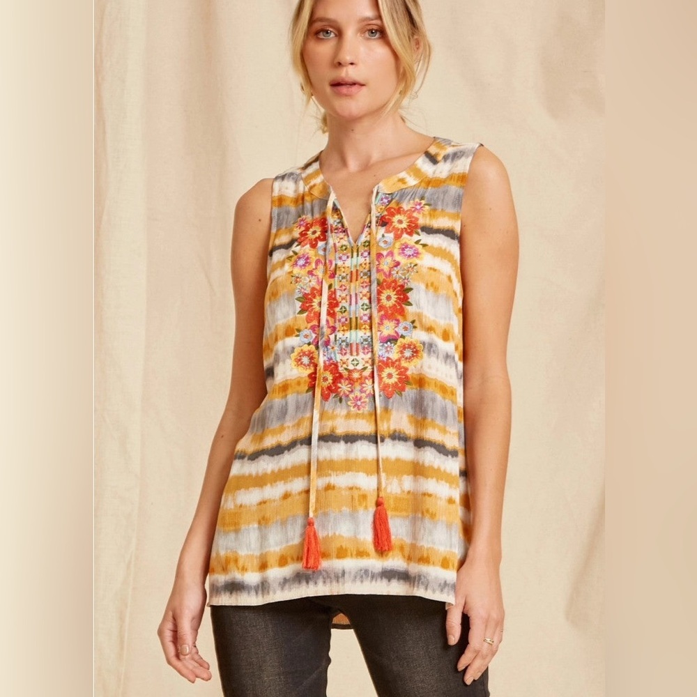 Savanna Jane Marigold Tank Women Boho Floral Embroidered Sleeveless Top. Size M